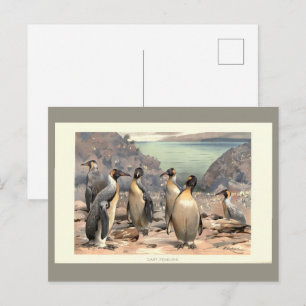 Postal Ilustración vintage de pingüinos gigantes antártic