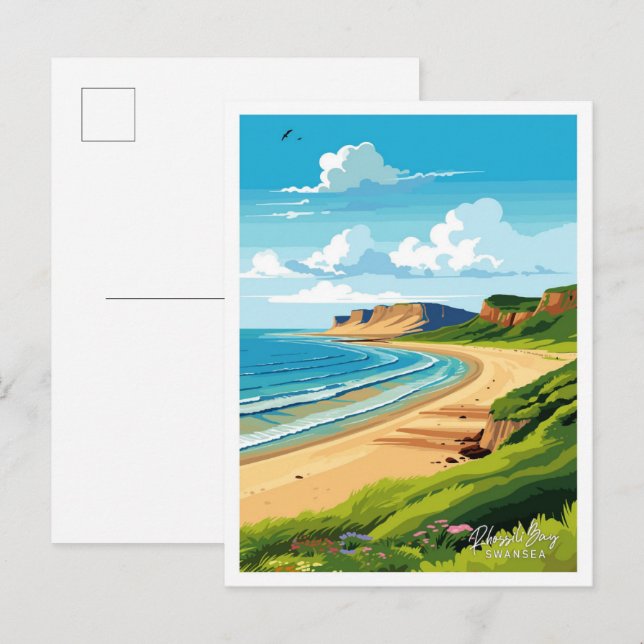 Postal Ilustracion Vintage de Rhossili Bay Swansea (Anverso / Reverso)