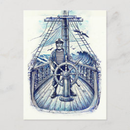 Postal Ilustración Vintage de un Marinero al Timón