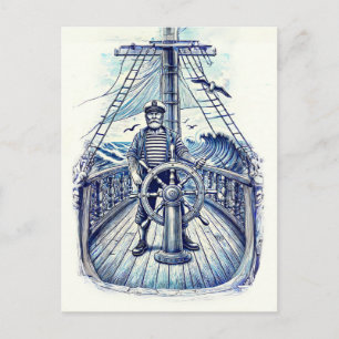 Postal Ilustración Vintage de un Marinero al Timón