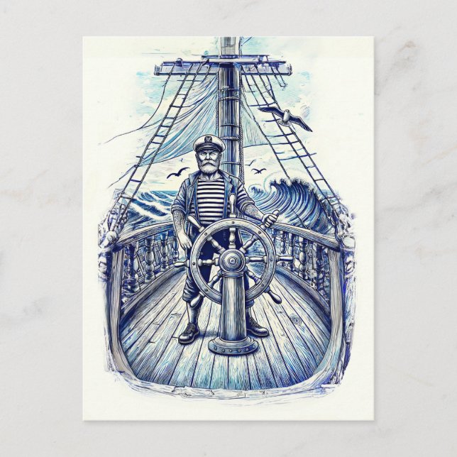 Postal Ilustración Vintage de un Marinero al Timón (Anverso)