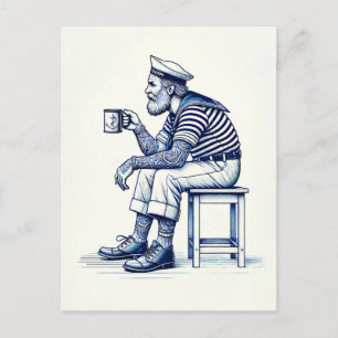 Postal Ilustración vintage de un marinero bebiendo café