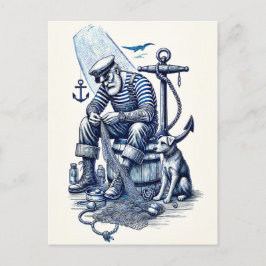 Postal Ilustración vintage de un marinero con perro