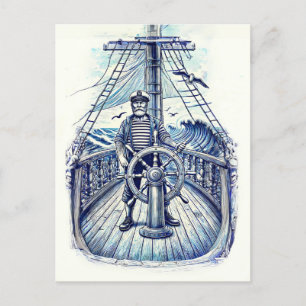 Postal Ilustracion vintage de un marinero en el timón