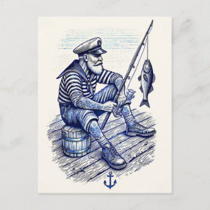 Postal Ilustración vintage de un marinero nostálgico pesc