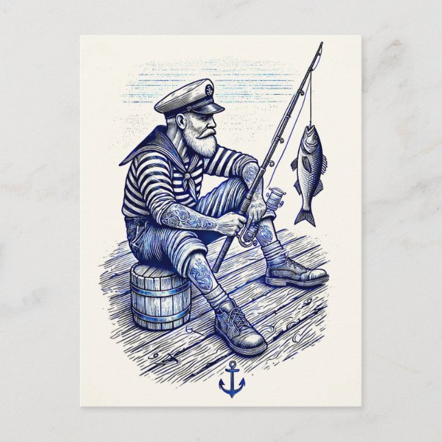 Postal Ilustración Vintage de un Marinero Nostálgico Pesc (Anverso)