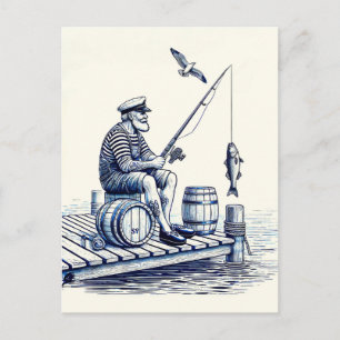 Postal Ilustración vintage de un marinero sentado en un m