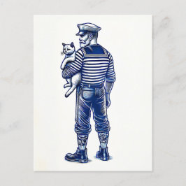 Postal Ilustración Vintage de un Marinero Sosteniendo un 