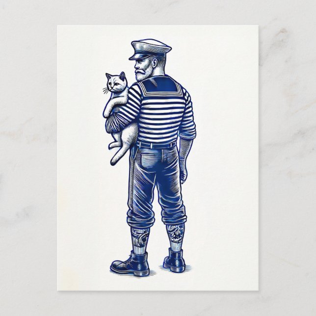 Postal Ilustración Vintage de un Marinero Sosteniendo un  (Anverso)