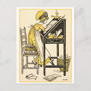 Postal Ilustración Vintage de una Niña Escribiendo