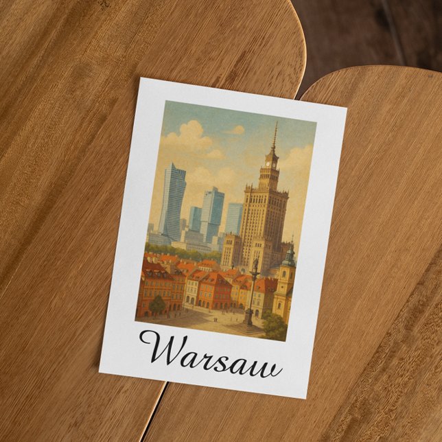 Postal Ilustracion Vintage de Varsovia (Warsaw Poland Skyline Vintage Illustration Postcard)