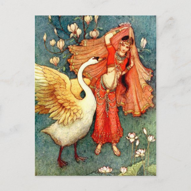 Postal Ilustracion vintage de Warwick Goble Swan Maiden (Anverso)