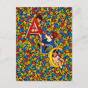 Postal Ilustración vintage del alfabeto para niños de ABC