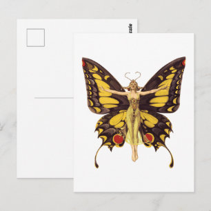Postal Ilustración Vintage Hada Mariposa (Fondo Rosa)