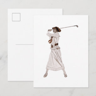 Postal Ilustración vintage mujer jugando golf