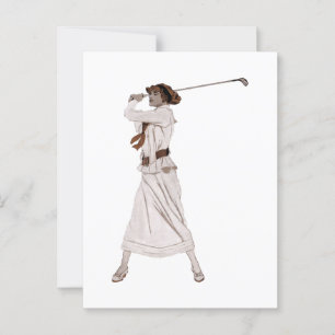 Postal Ilustración vintage mujer jugando golf