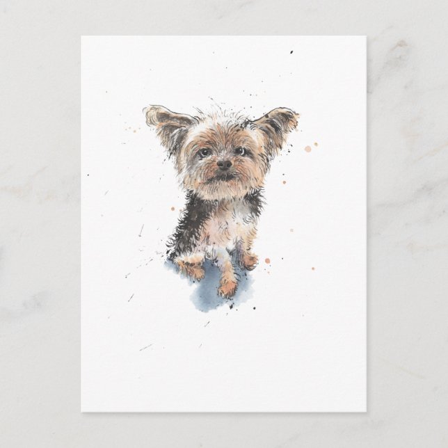 Postal Ilustracion Yorkshire Terrier, perro yorkie divert (Anverso)