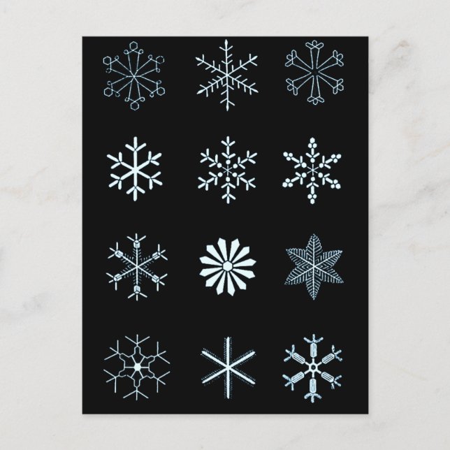 Postal Ilustraciones de copos de nieve (negro) (Anverso)