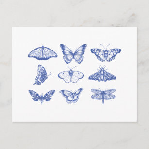 Postal Ilustraciones de mariposa de época en azul 
