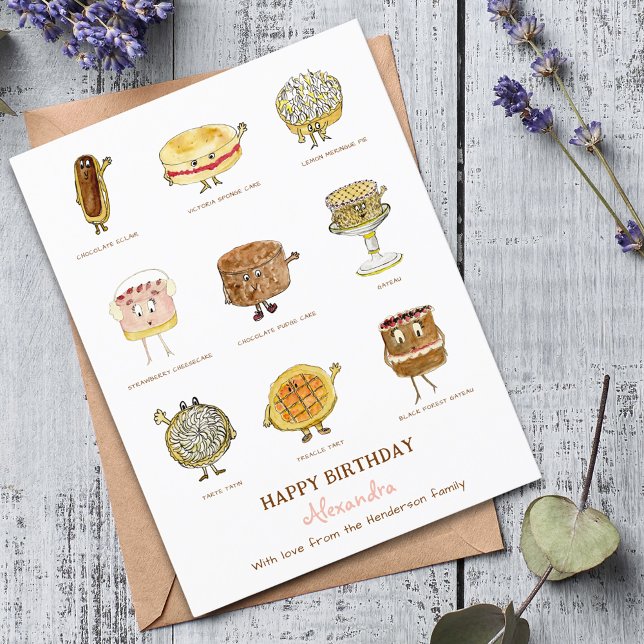 Postal ilustraciones de postre de pasteles bonitos (Baking cake lover happy birthday personalized greetings card)