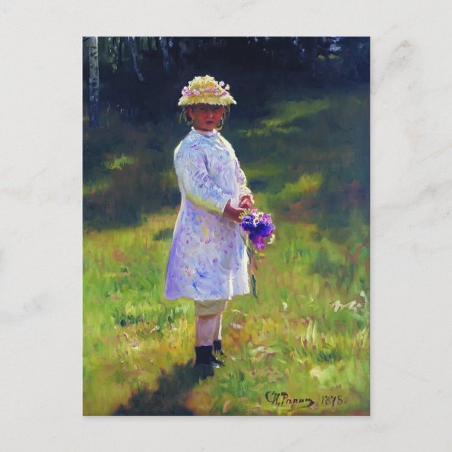 Postal Ilya Repin - Chica con flores. Hija de Artista. (Anverso)