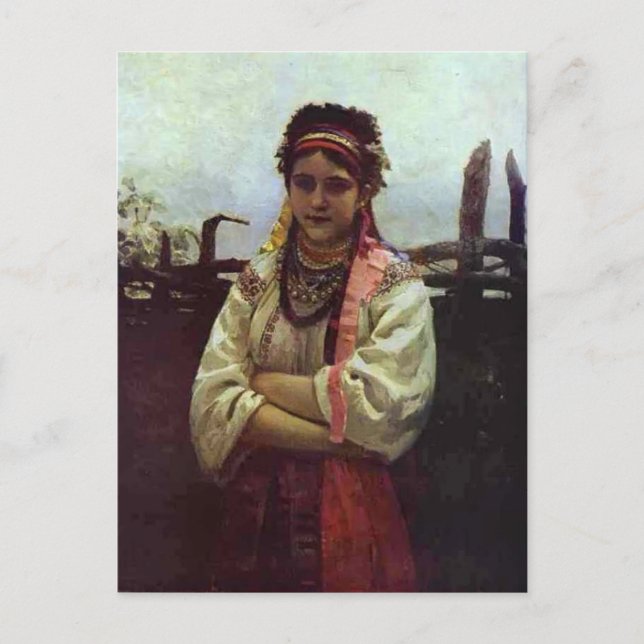 Postal Ilya Repin - Chica ucraniano por una cerca (Anverso)