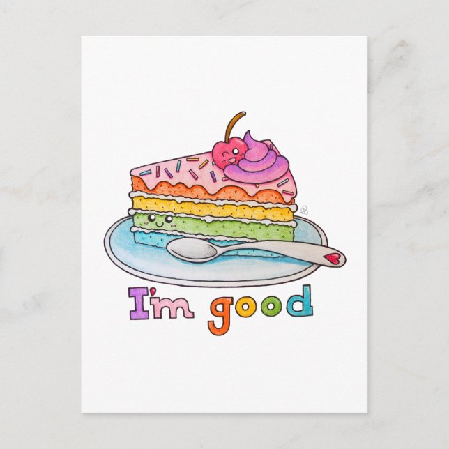 Postal I'm Good, Kawaii Cartoon Rainbow Cake Postcard (Anverso)