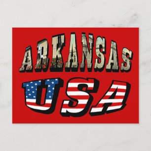 Postal Imagen de Arkansas y texto de la bandera de Estado