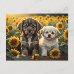 Postal Imagen de dos cachorros en el campo de los girasol