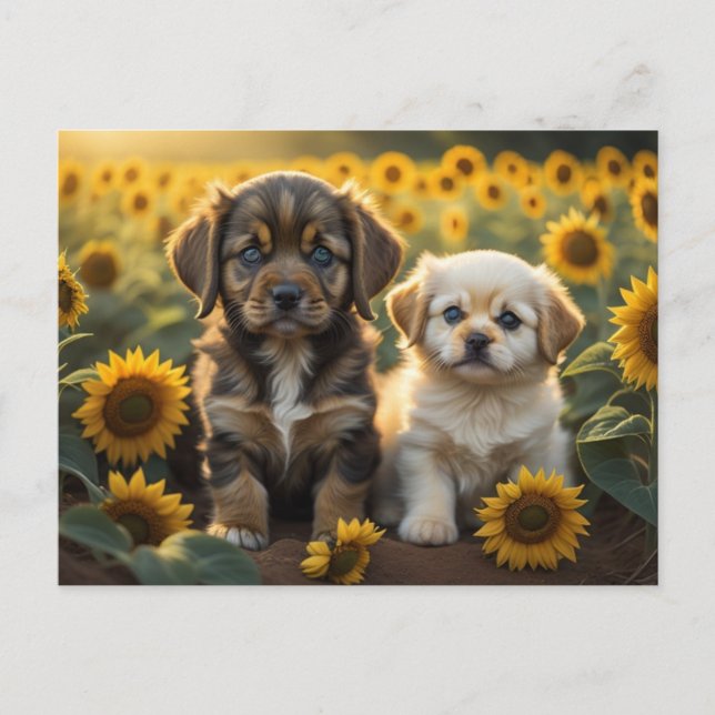 Postal Imagen de dos cachorros en el campo de los girasol (Anverso)