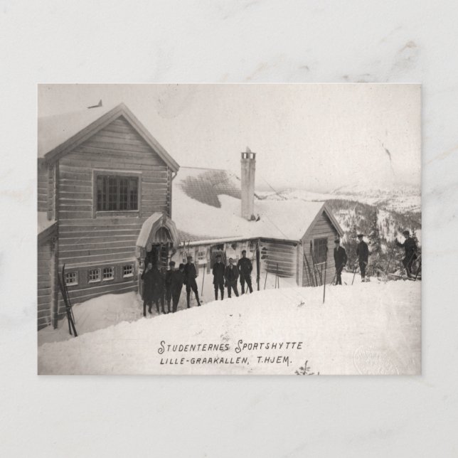 Postal Imagen de esquí de época, centro deportivo de estu (Anverso)