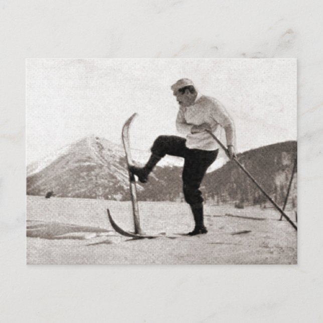 Postal Imagen de esquí de época, Esquí de madera, palo ún (Anverso)