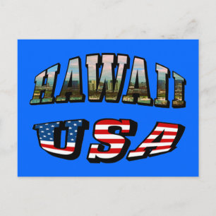 Postal Imagen de Hawaii y texto de bandera de Estados Uni