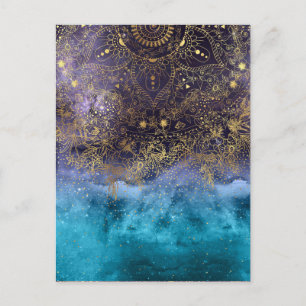 Postal Imagen de mandala floral dorada y confeti