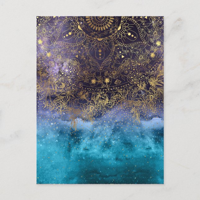 Postal Imagen de mandala floral dorada y confeti (Anverso)