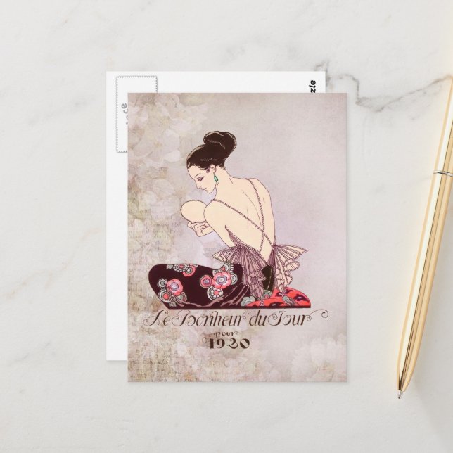 Postal Imagen de moda francesa Barbier Le Bonheur du Jour (Anverso/Reverso In Situ)