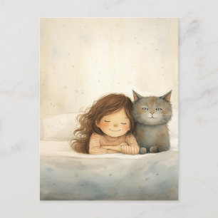 Postal Imagen de niña pequeña y gato