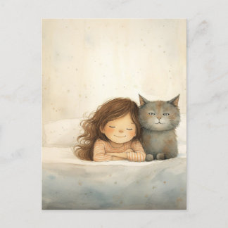 Postal Imagen de niña pequeña y gato