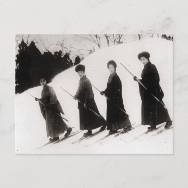 Postal Imagen vintage de esquí, Cuatro damas japonesas (Anverso)
