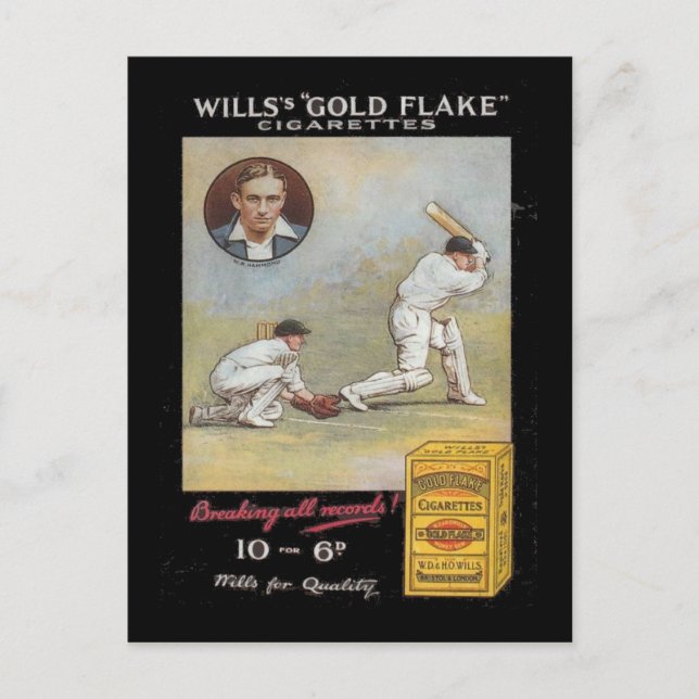 Postal Imagen vintage, Wills Gold Flake Tobacco, Cricket (Anverso)