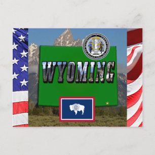 Postal Imagen y texto de Wyoming, mapa, bandera y sello d