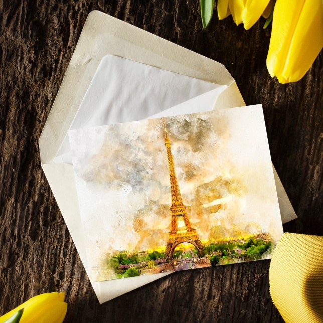 Postal Impresión artística de acuarela del atardecer de l (Paris Eiffel Tower Watercolor Sunset Art Print. Postcard)