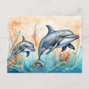 Postal Impresión artística de delfines en acuarela
