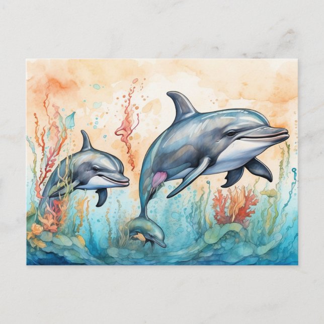 Postal Impresión artística de delfines en acuarela (Anverso)