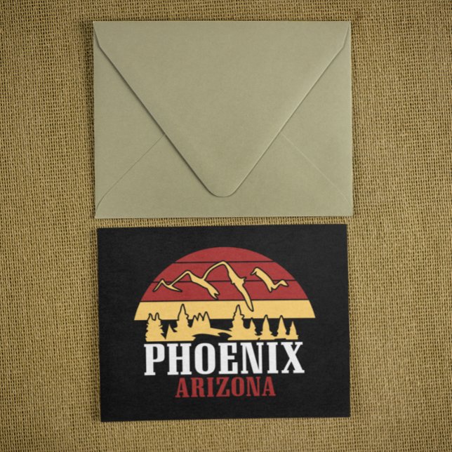 Postal Impresión artística de la silueta de Phoenix Arizo (Phoenix Arizona Skyline Art Print Retro Sunset Postcard)