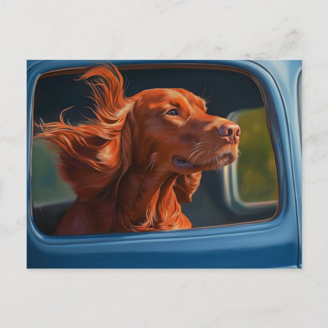 Postal Impresión artística de perro rojo disfrutando de u (Anverso)