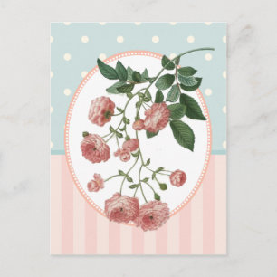 Postal Impresión botánica de rosas rosadas de color de ép