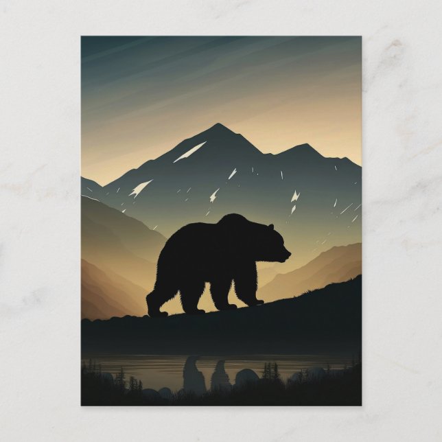 Postal Impresión de arte de silueta de oso negro en monta (Anverso)