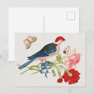 Postal Impresión de Arte Floral Mariposa Pájaro Rosa Vint