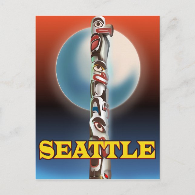 Postal Impresión de cartel de viaje del tótem de Seattle (Anverso)